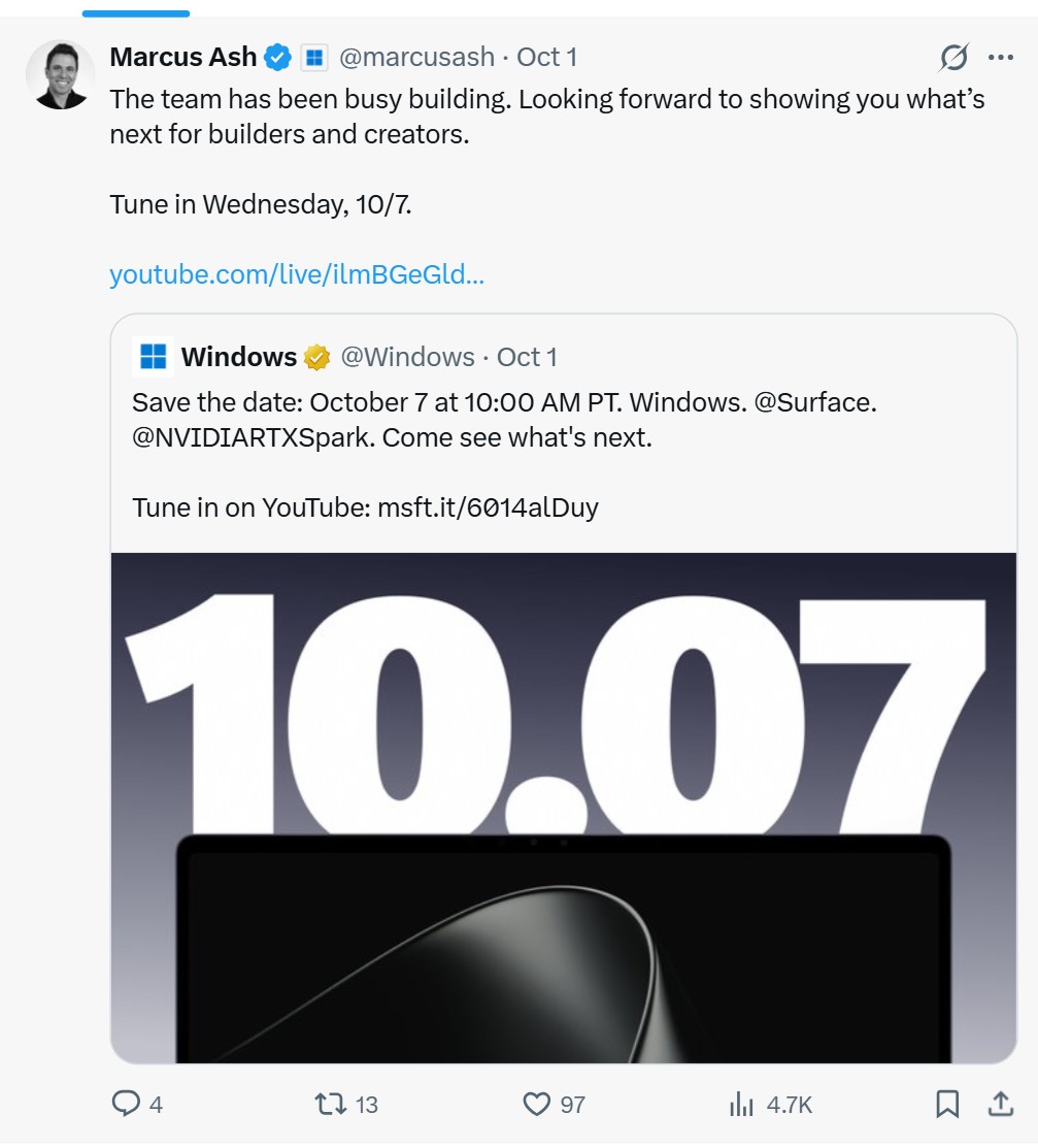 Marcus Ash转发的10月7日Windows和Surface活动消息
