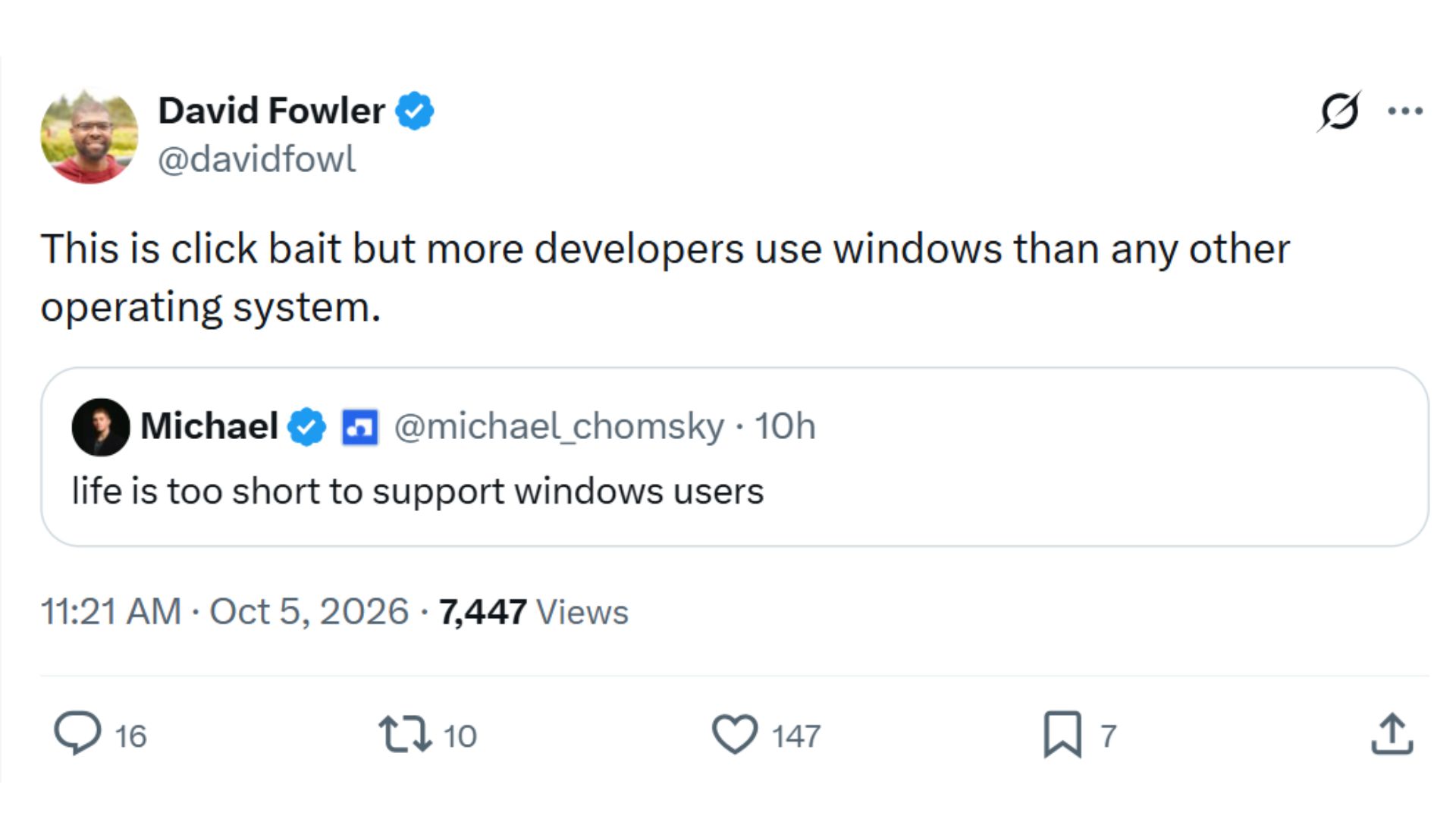 微软工程师反击引战帖，称使用 Windows 的开发者更多