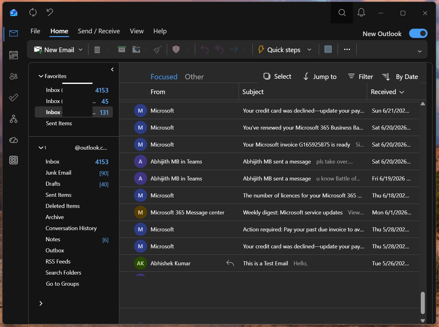 New Outlook with outlook classic theme email list