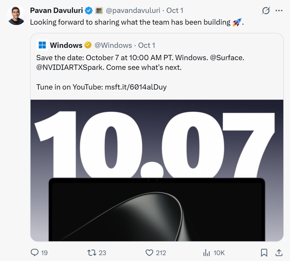 Pavan Davuluri转发的10月7日活动消息