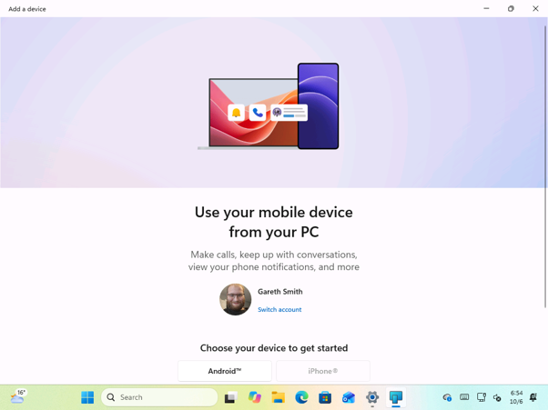 “添加设备”窗口允许你连接 Android 手机或 iPhone。 