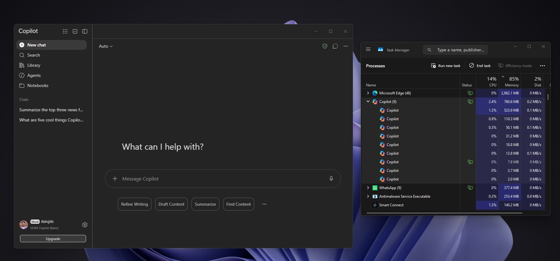 取代 Microsoft 365 的 Copilot 应用是一个 Web 应用，打开后即使什么都不做也会占用超过 700MB 内存