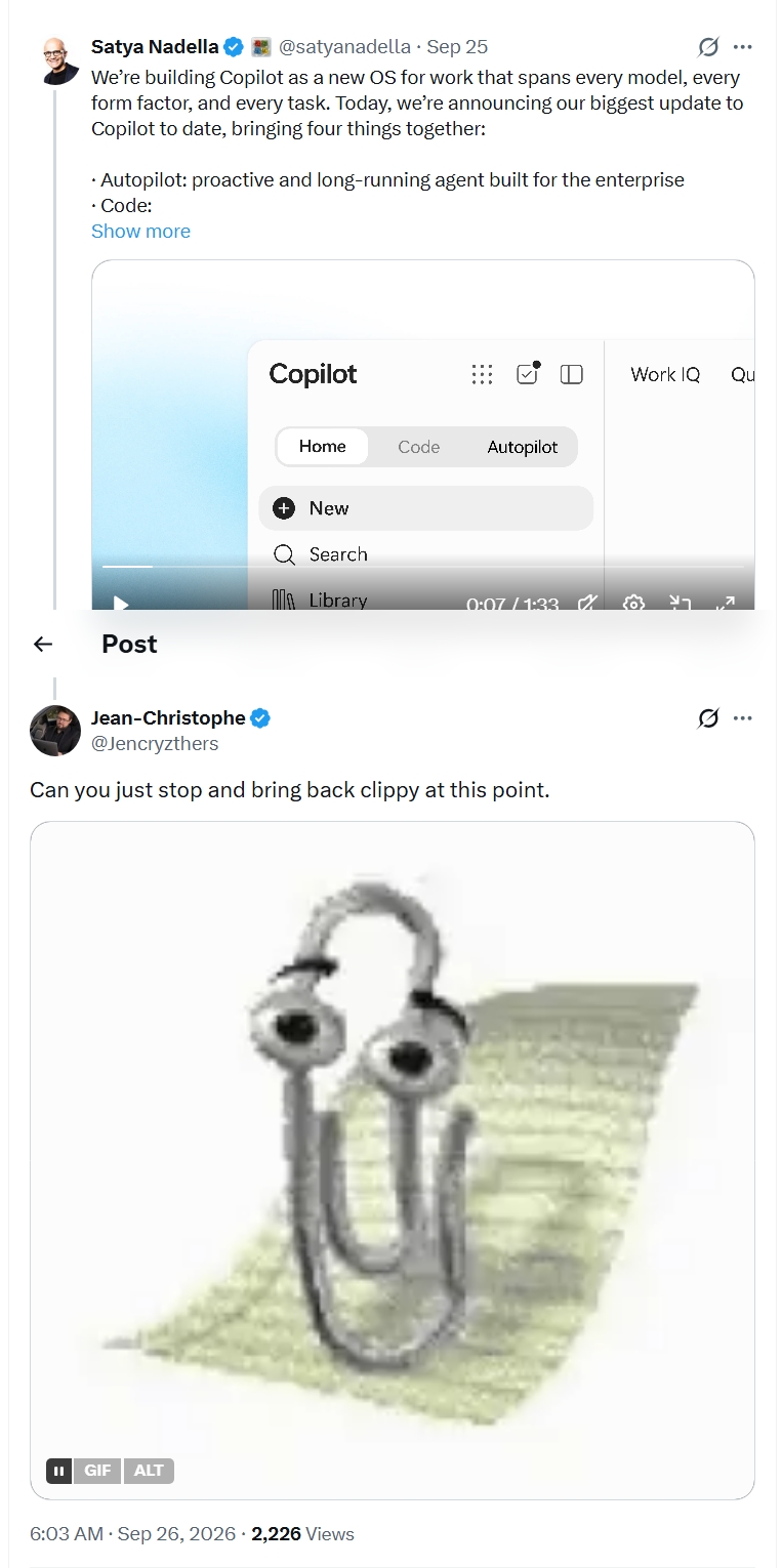 Reply under Satya Nadella's post asking to bring back Clippy