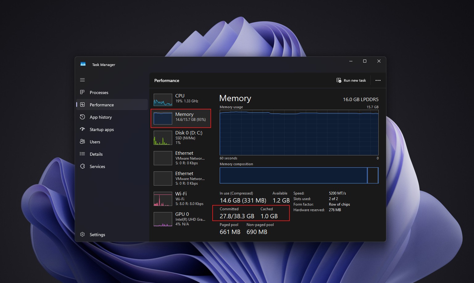 一台配备 16GB RAM 的电脑中的已提交和缓存内存使用情况