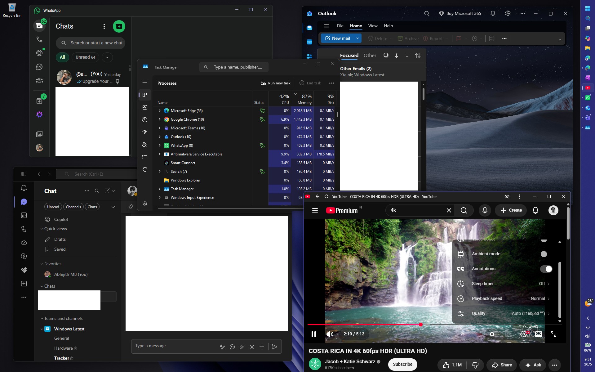 运行 WhatsApp、Teams 和 Outlook，同时播放 4K 60fps 的 YouTube 视频，内存占用仍未超过 90%