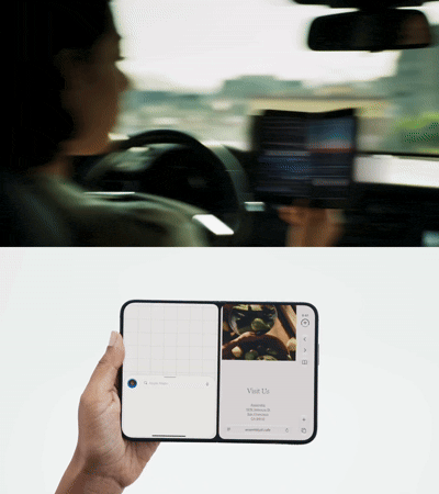 iPhone Duo 展示地图与另一个应用同时使用，就像多年前的 Surface Duo 一样